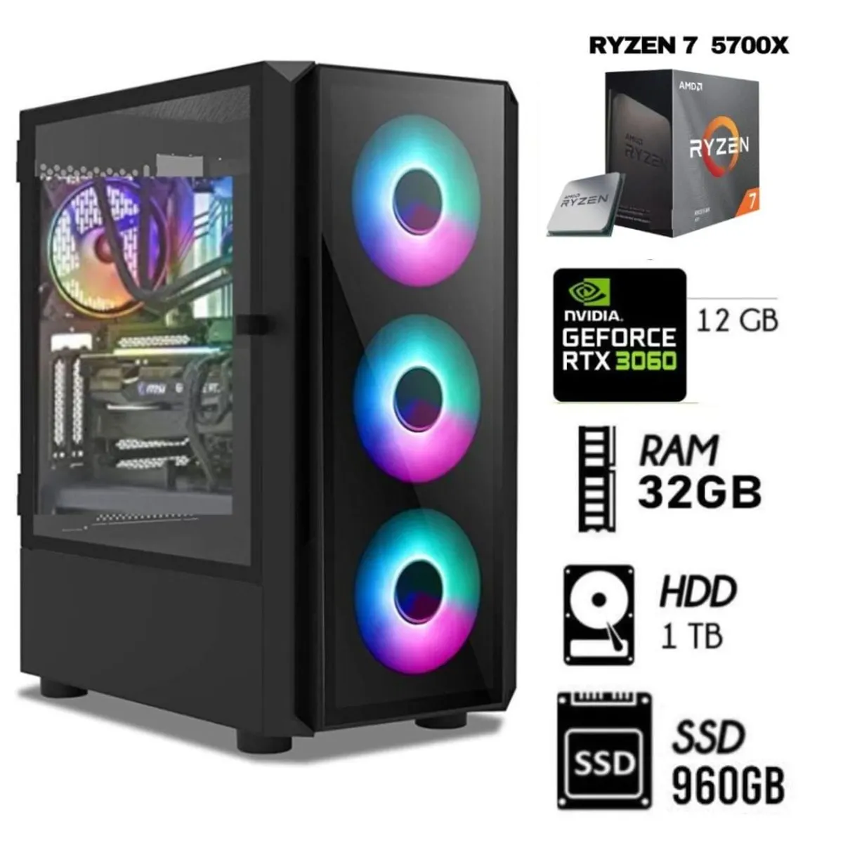 AMD - Computadora PC GAMER RYZEN 7-5700X, Ram 32GB , SSD  M.2  1TB +SSD 960GB , RTX 3060 12GB