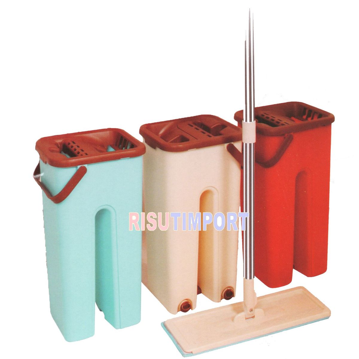 RISUTIMPORT - Trapeador Plano Y Escurridor Balde + 2 Mopas