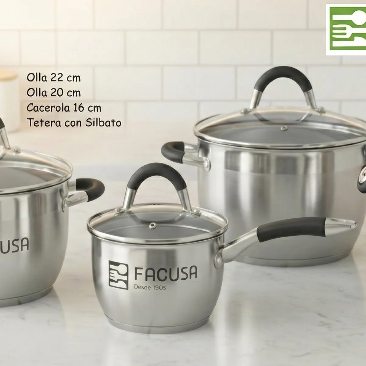 FACUSA - Juego de Ollas y Tetera de Acero Inoxidable 8 Piezas -Facusa