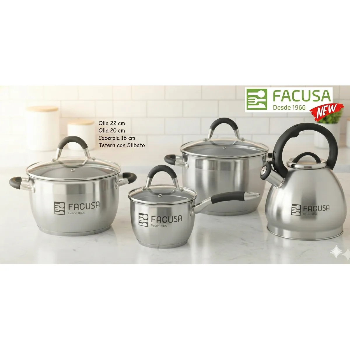 FACUSA - Juego de Ollas y Tetera de Acero Inoxidable 8 Piezas -Facusa