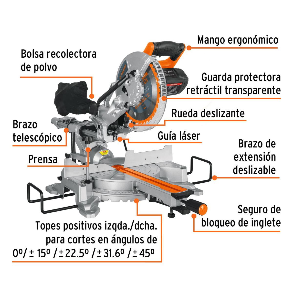 TRUPER - Sierra  ingleteadora  telescópica 10" compuesta  de 1800 W.