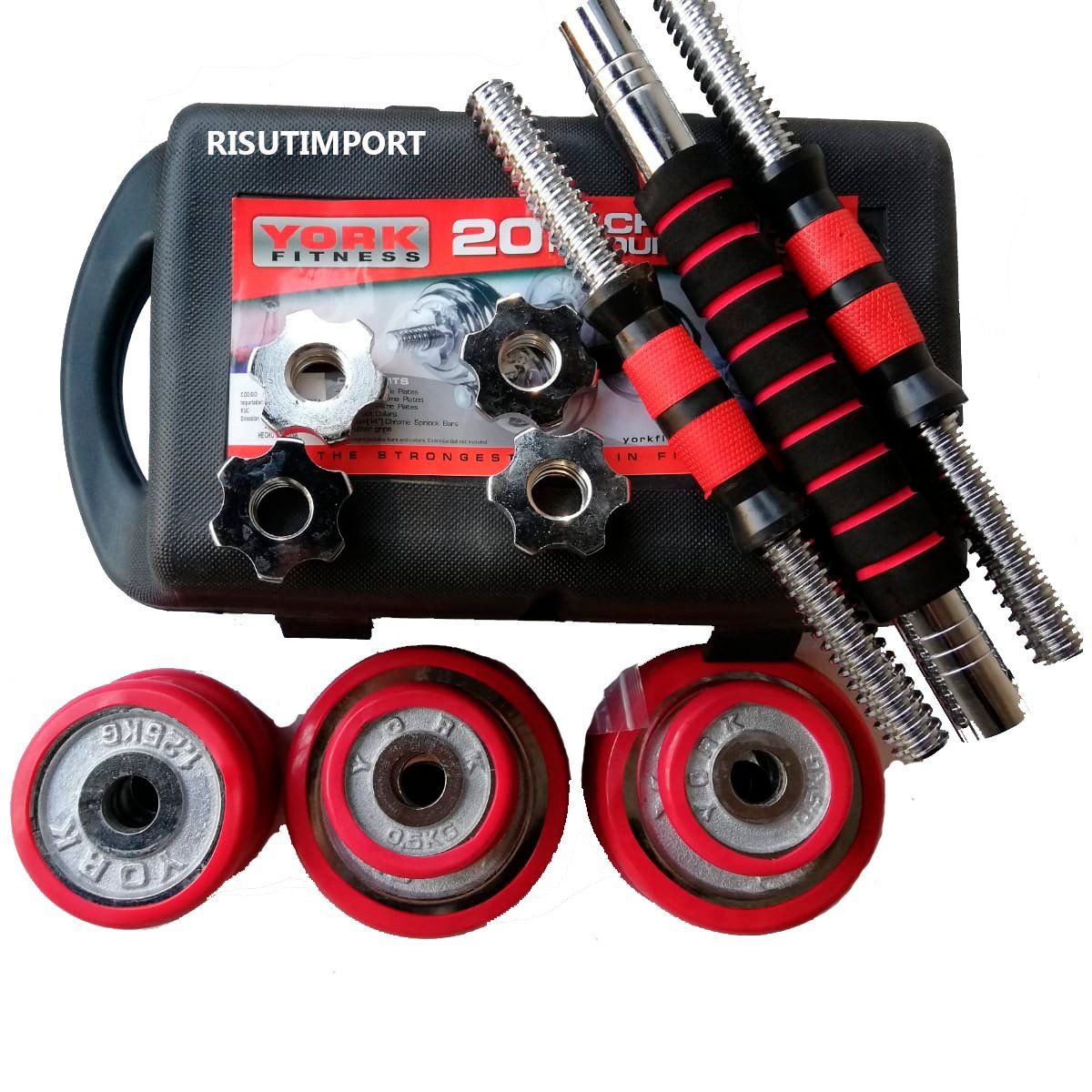 GENERICO - Set Pesas York 20kg  Mancuernas Adaptador Barra  Protector