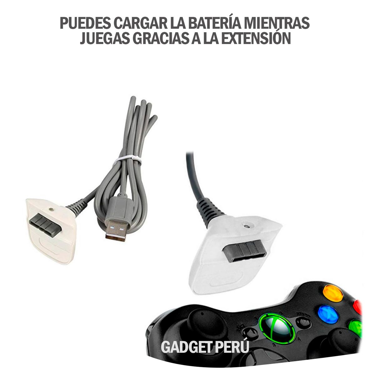 GENERICO - Cable Para Control Xbox 360 + Batería Blanco + Cargador Externo.