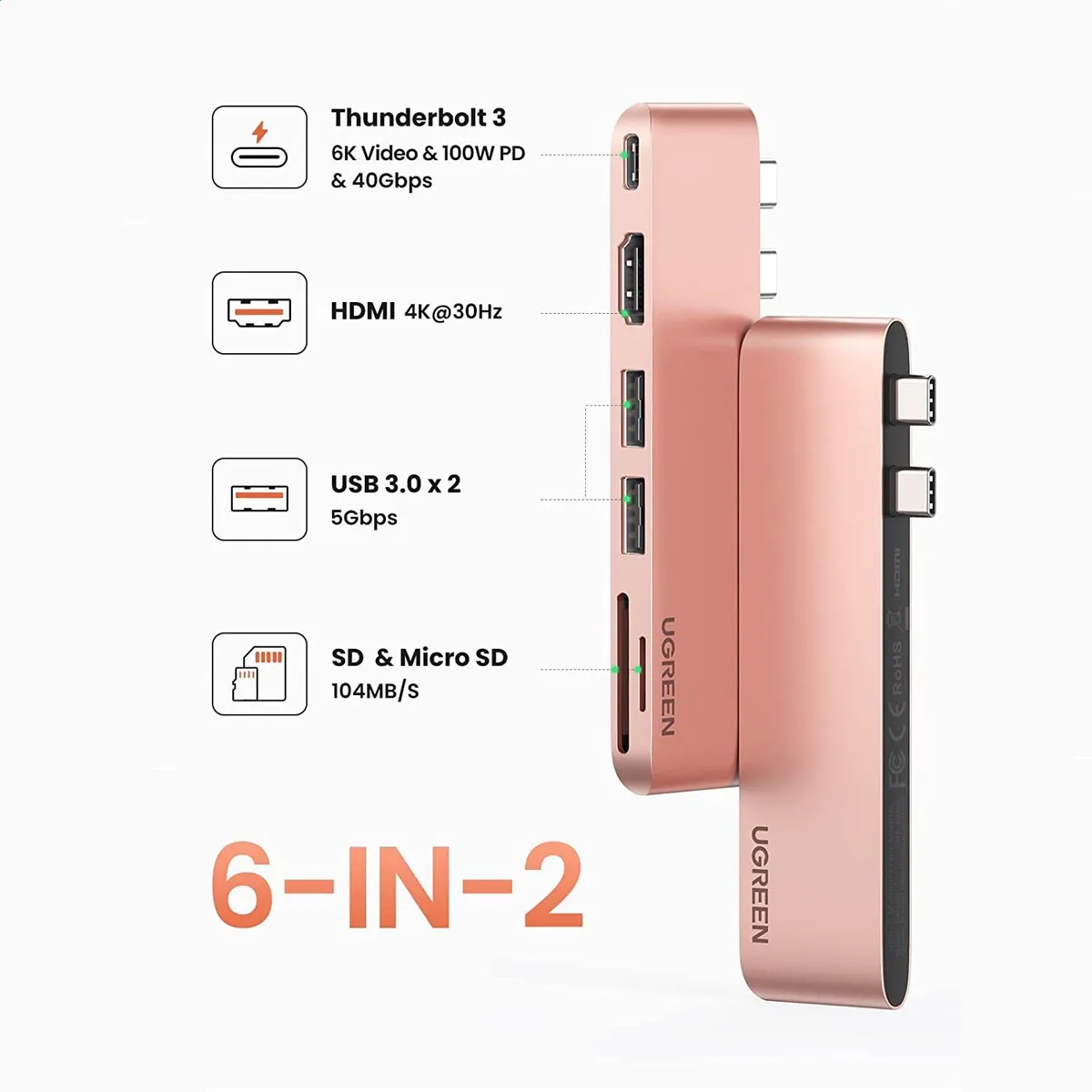 UGREEN - Adaptador HUB 6 en 2 Rosa Oro para Macbook PRO o Air Ugreen