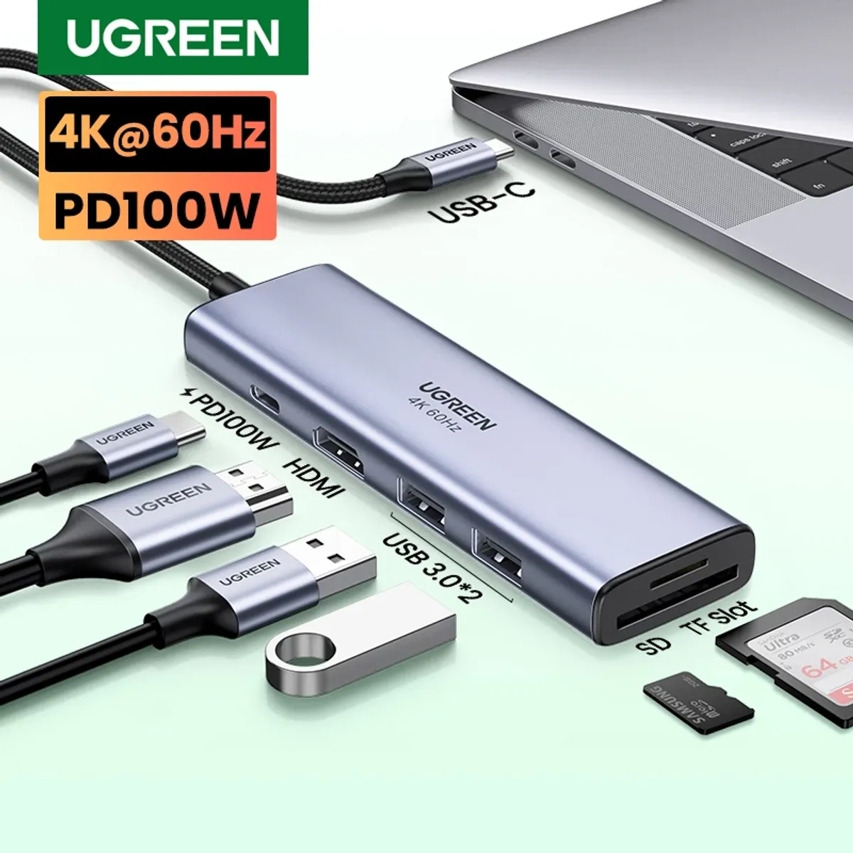 UGREEN - HUB Tipo C 6 en 1 HDMI 4k 60Fps PD UGREEN para Macbook Pro / Air