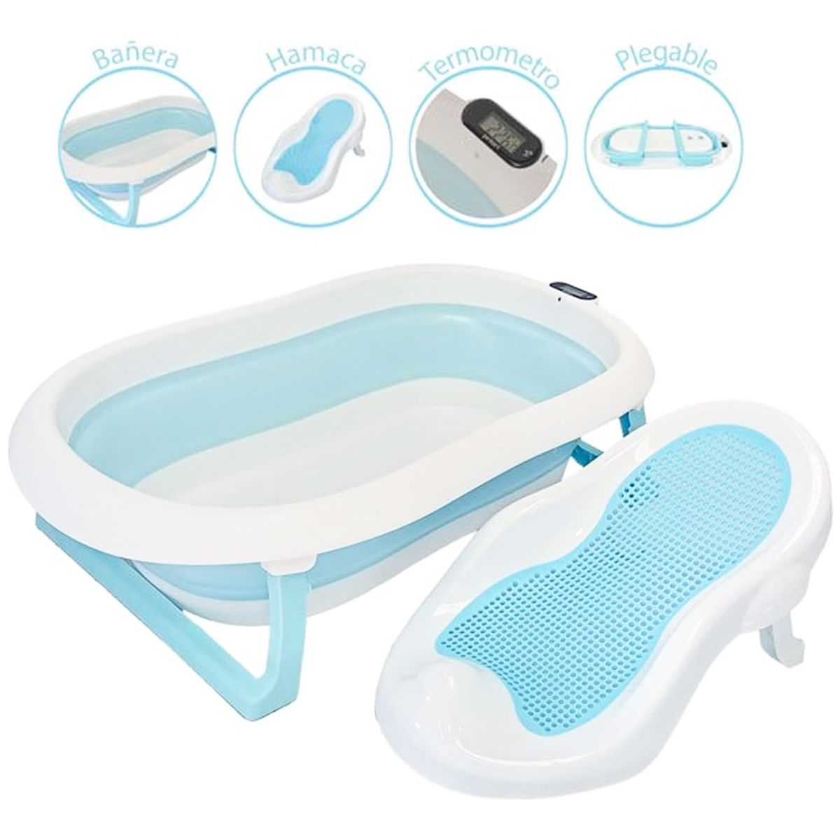 SEA HARVEST - Bañera Plegable Tina de Baño con Termómetro Digital Azul