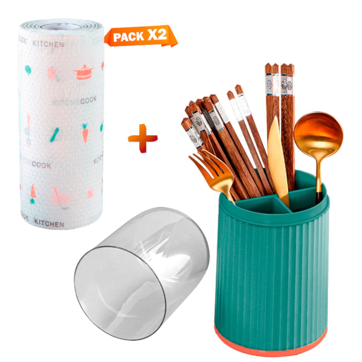 SASHIJA - Porta Cubiertos con Tapa C74 VD Y Papel Toalla Reutilizable X2