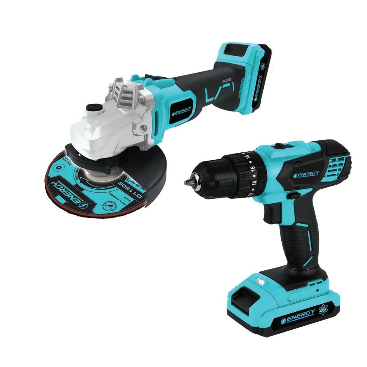 ENERGY - Taladro PercutorRotomartillo 13mm12 y Esmeril Angular 115mm42 Inalambricos 20V Energy