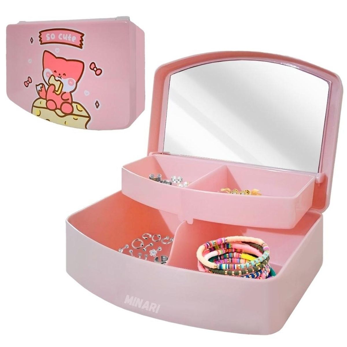 MINARI - Organizador de Joyas Accesorios Joyero Kawaii con Espejo Rosa J08