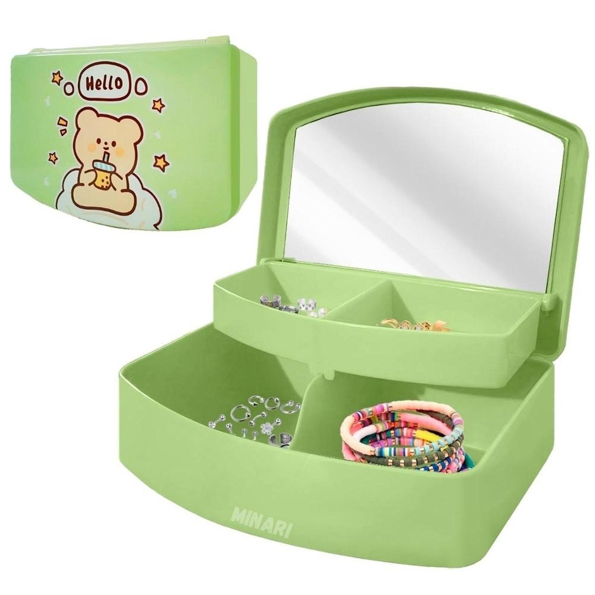 MINARI - Organizador de Joyas Accesorios Joyero Kawaii con Espejo Verde J08