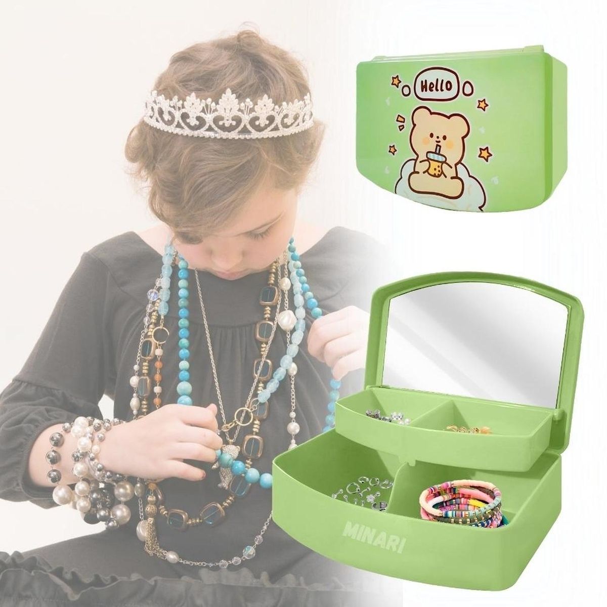 MINARI - Organizador de Joyas Accesorios Joyero Kawaii con Espejo Verde J08