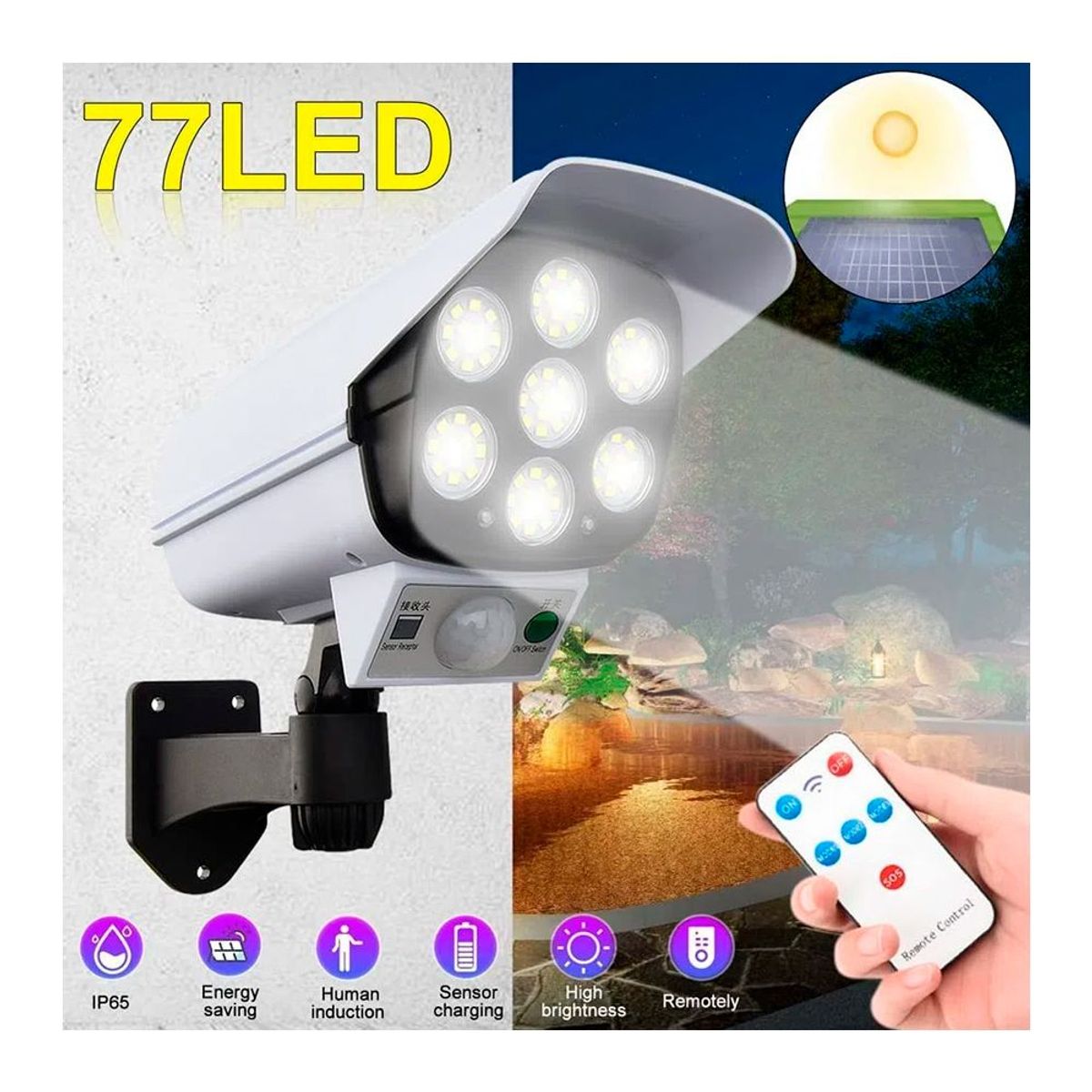 GENERICO - Reflector Lampara Foco Luz Led con Panel Solar con Sensor de Movimiento