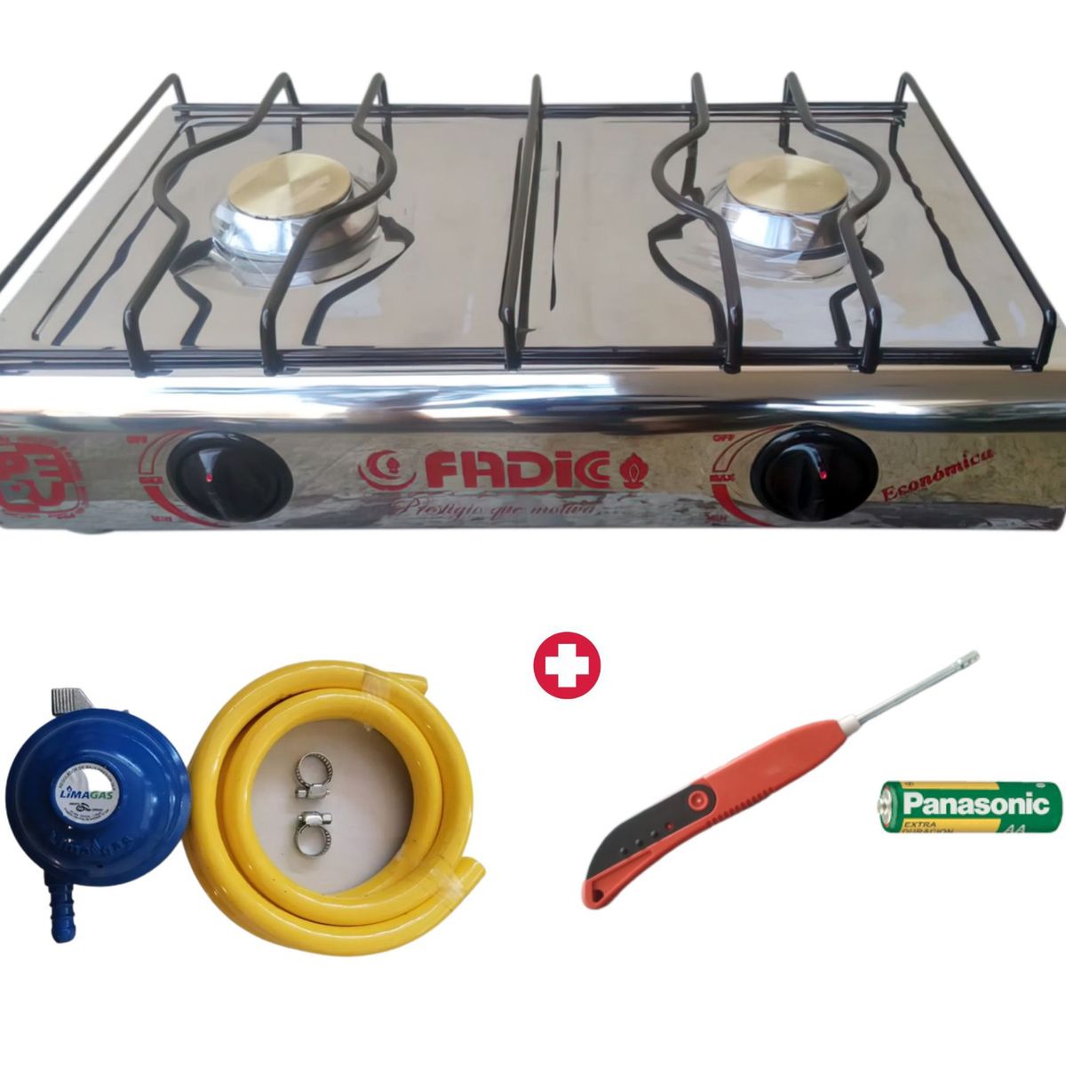 FADIC - COCINA DE MESA 2 HORNILLAS TOTAL ACERO INOX + KIT REGULADOR PREMIUM + ENCENDEDOR DE COCINA