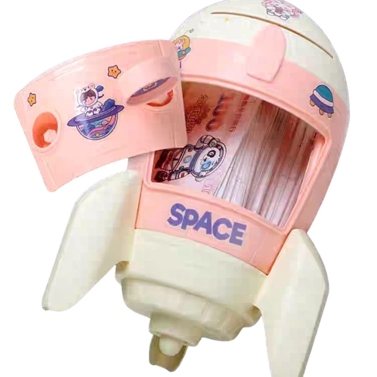 ELMEJORPRECIO - Alcancía Modelo Cohete Con 2 Llaves Y Sticker Plano Rosado