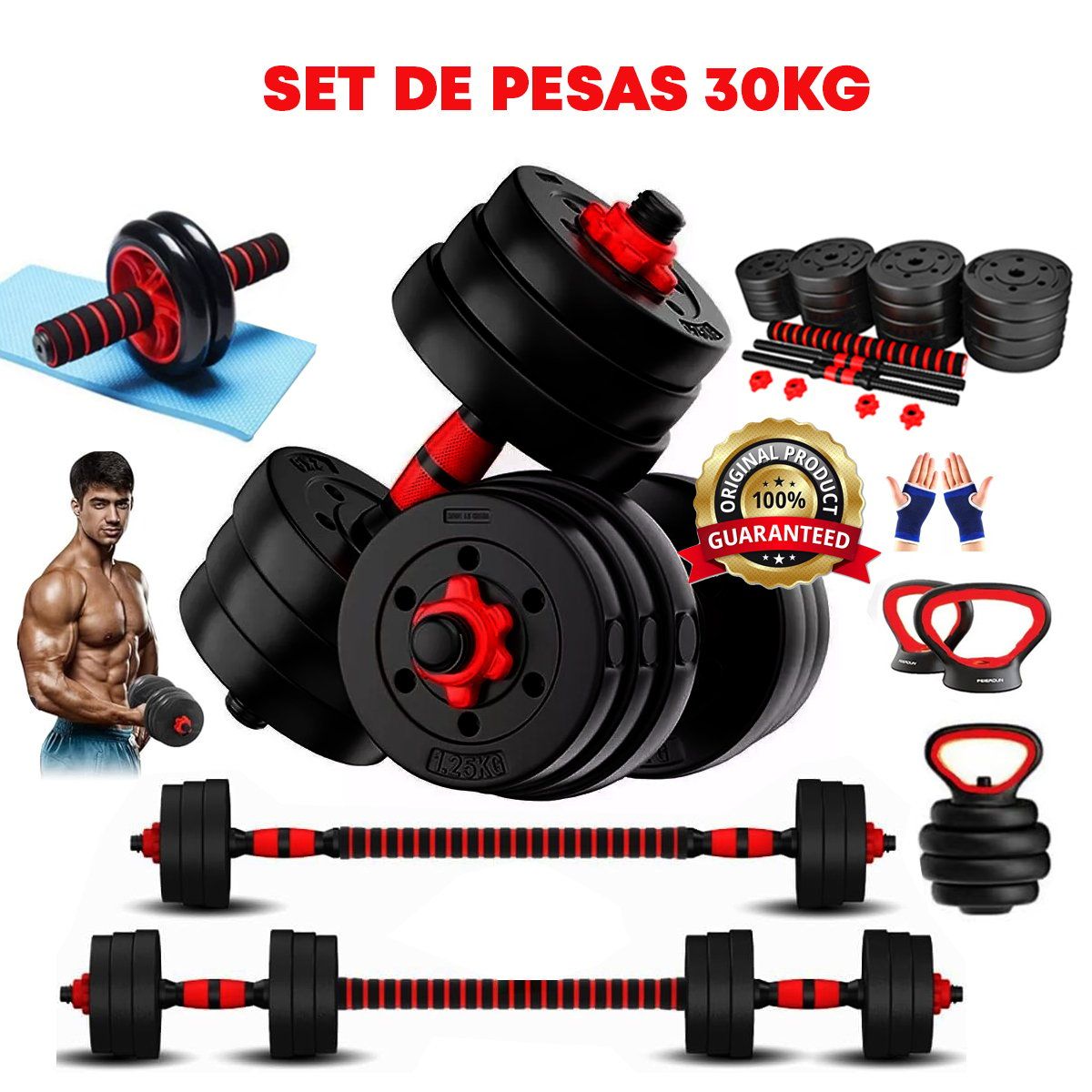 HOLGU - Pesas 30kg Set Convertible A Barra Y Pesa Rusa Importado