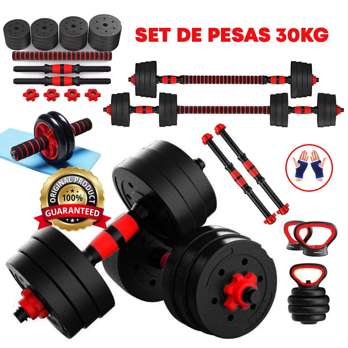 HOLGU - Pesas 30kg Set Convertible A Barra Y Pesa Rusa Importado