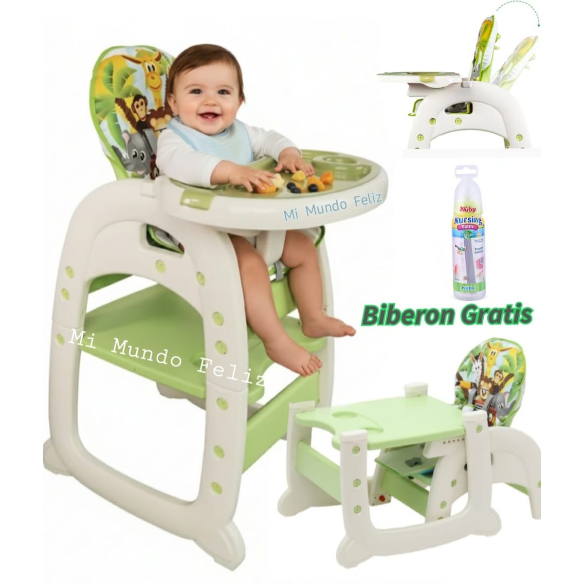 BABY - Silla de Comer para Bebe 3 en 1 Verde Zoo Friends