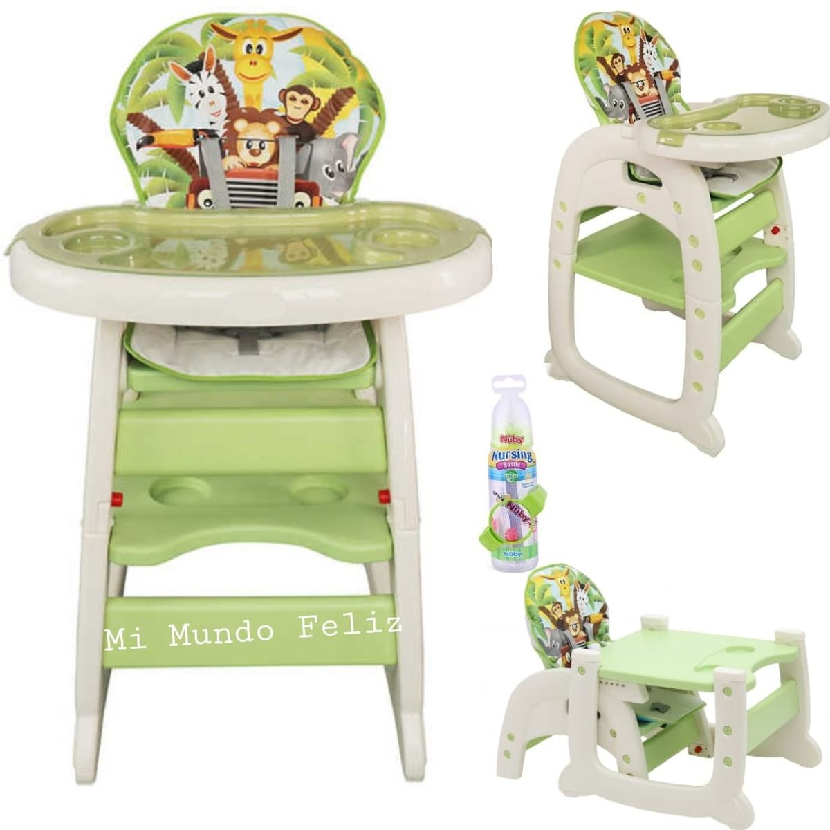 BABY - Silla de Comer para Bebe 3 en 1 Verde Zoo Friends