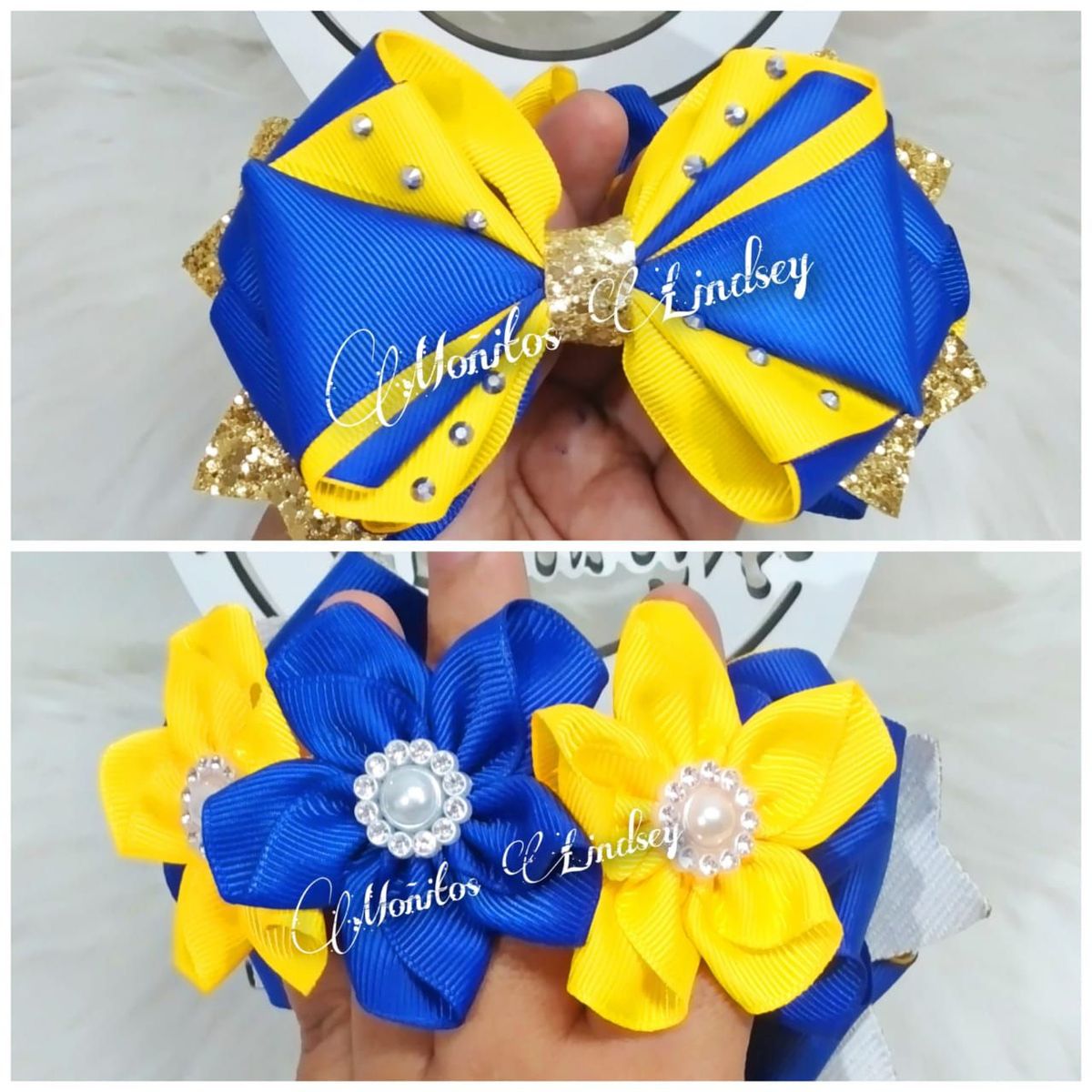 GENERICO - Moñera Escolar Amarillo Oro y Azulino  Cabello niña  - Moñitos Lindsey