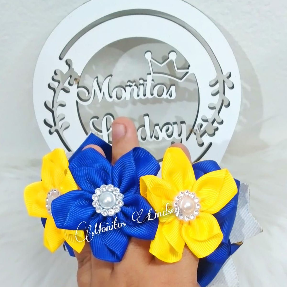 GENERICO - Moñera Escolar Amarillo Oro y Azulino  Cabello niña  - Moñitos Lindsey