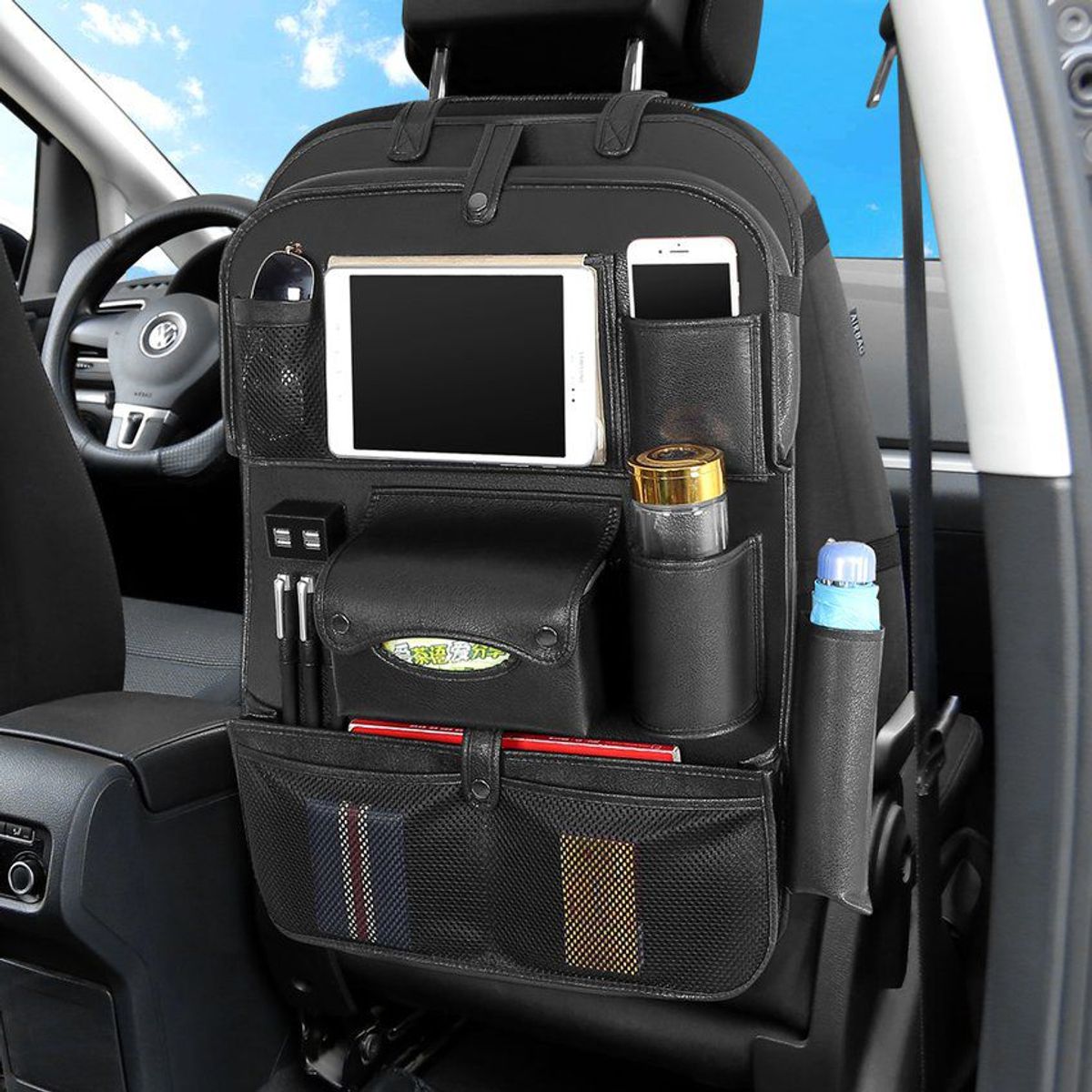 GENERICO - Promo organizador auto con 2 usb cuero pu + mesa plegable