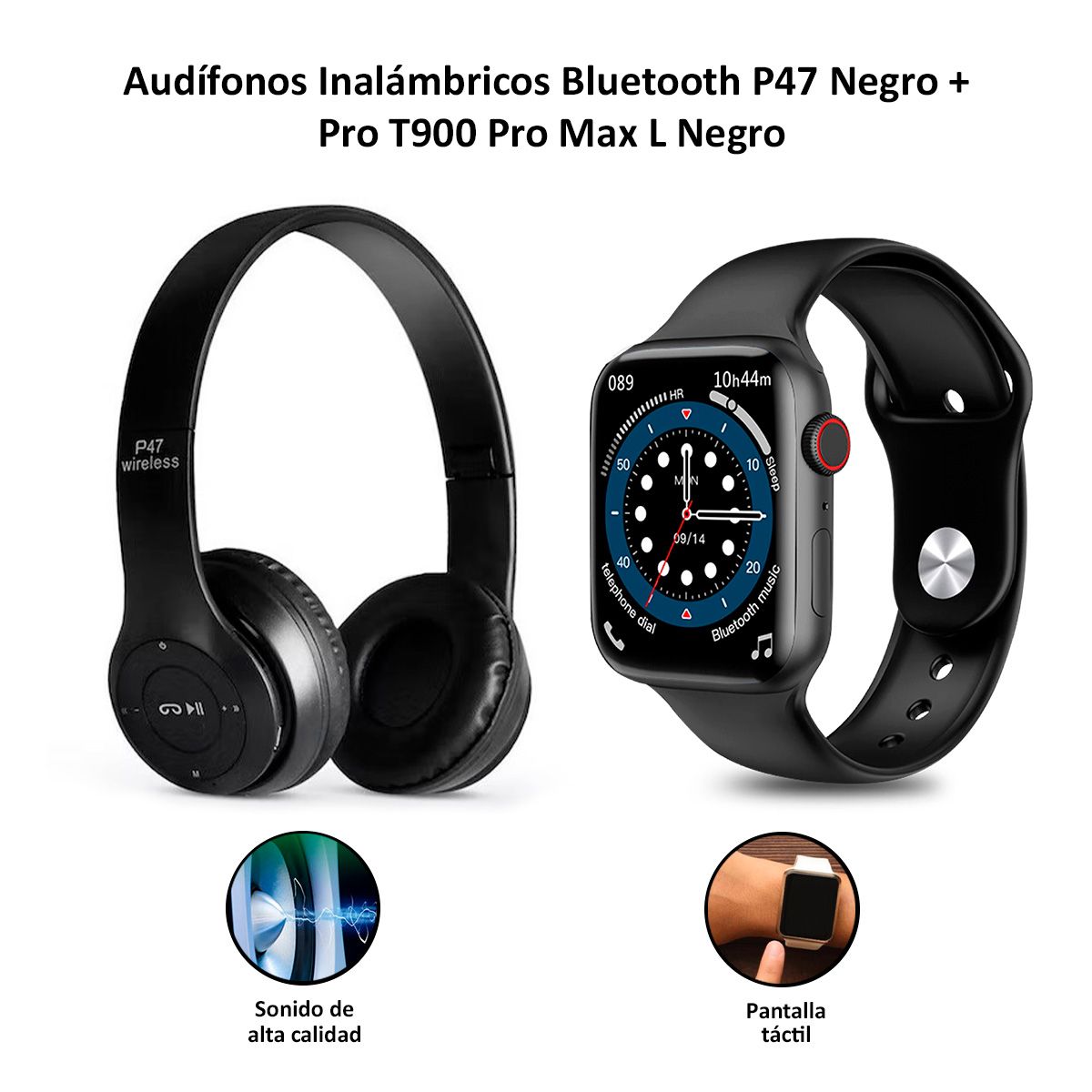GENERICO - Audífonos Bluetooth P47 Negro  Smartwatch Pro T900 Pro Max L Negro