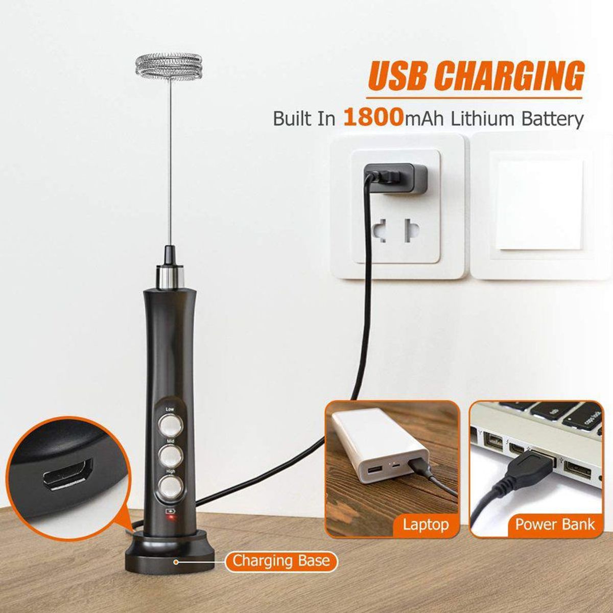 PUREPOWER - Burbujeador de leche de mano de carga USB