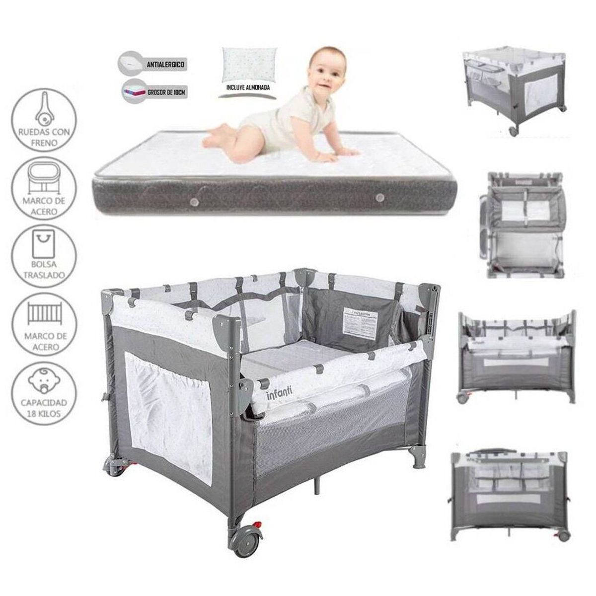 INFANTI - Cuna corral always  Colchon Gris