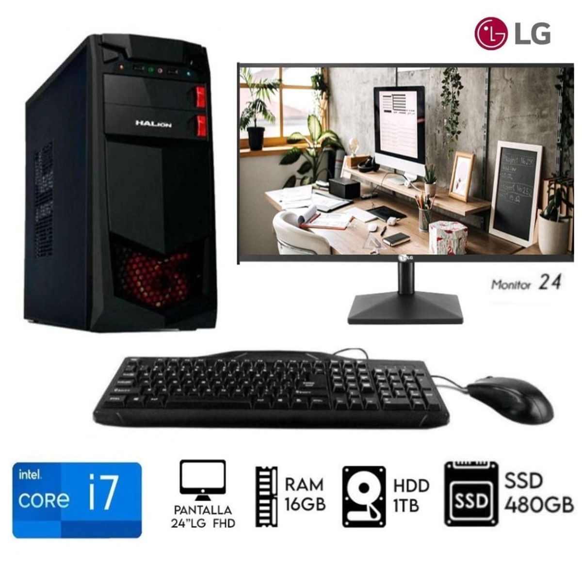 INTEL - Computadora PC Intel Core i7 3.2Ghz Ram 16GB Disco 1TB+SSD 480GB Monitor LG 24
