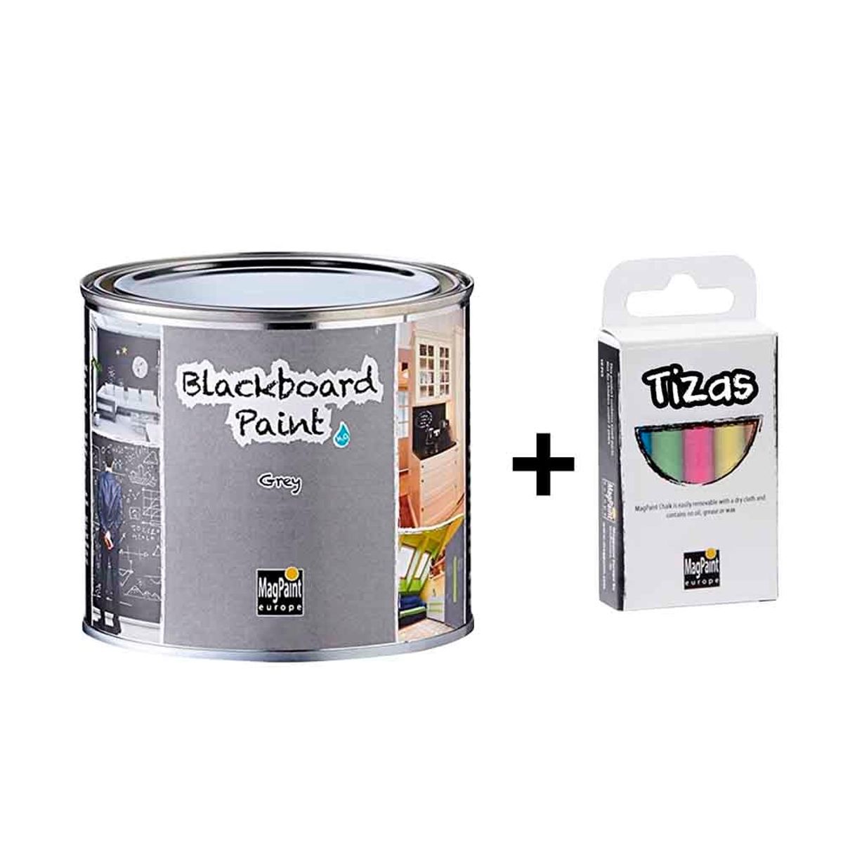 MAGPAINT - Pintura pizarra para tiza 500ml  Gris + 1 Caja de Blackboard Chalks