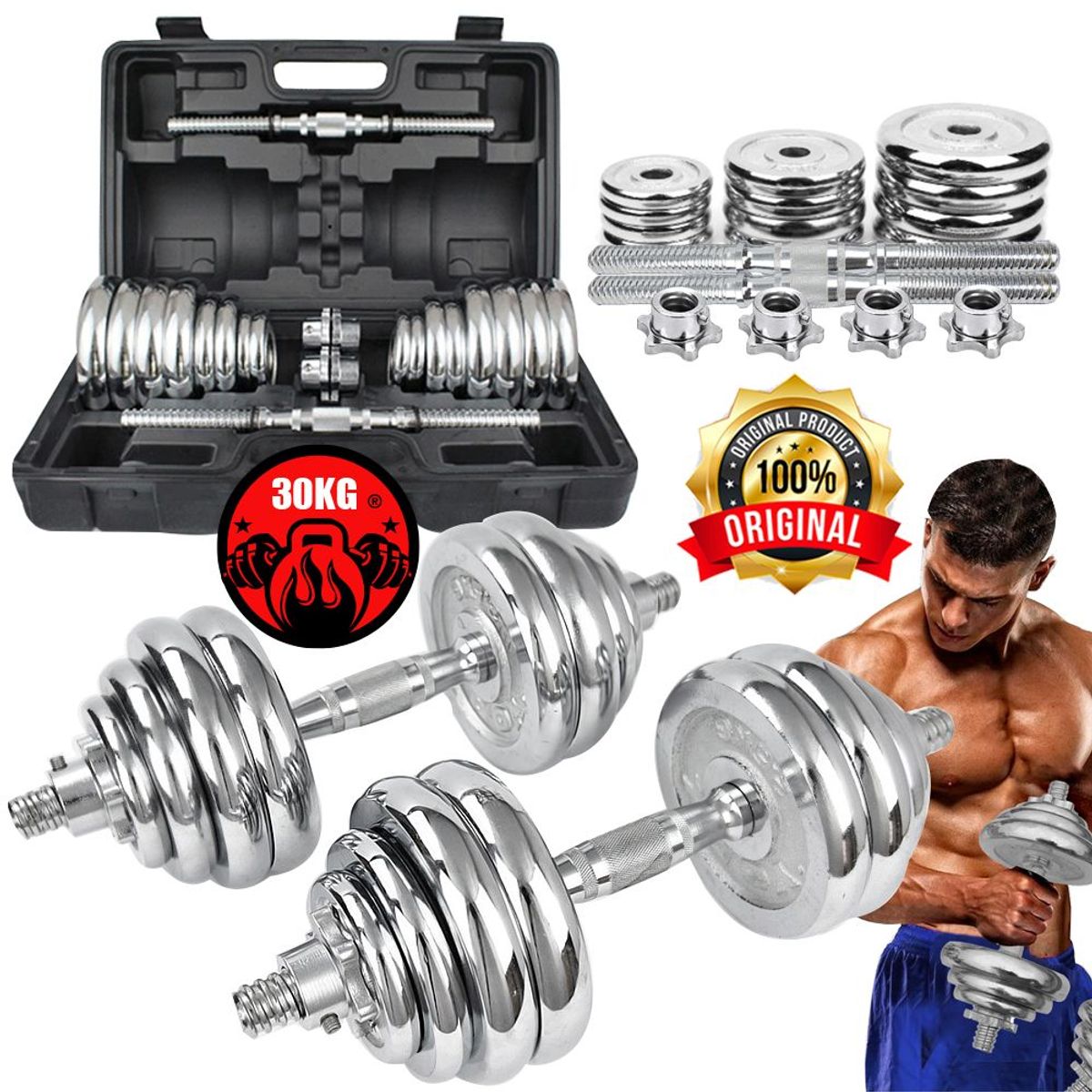 GENERICO - Set de Pesas de 30kg - Cromadas  guantes