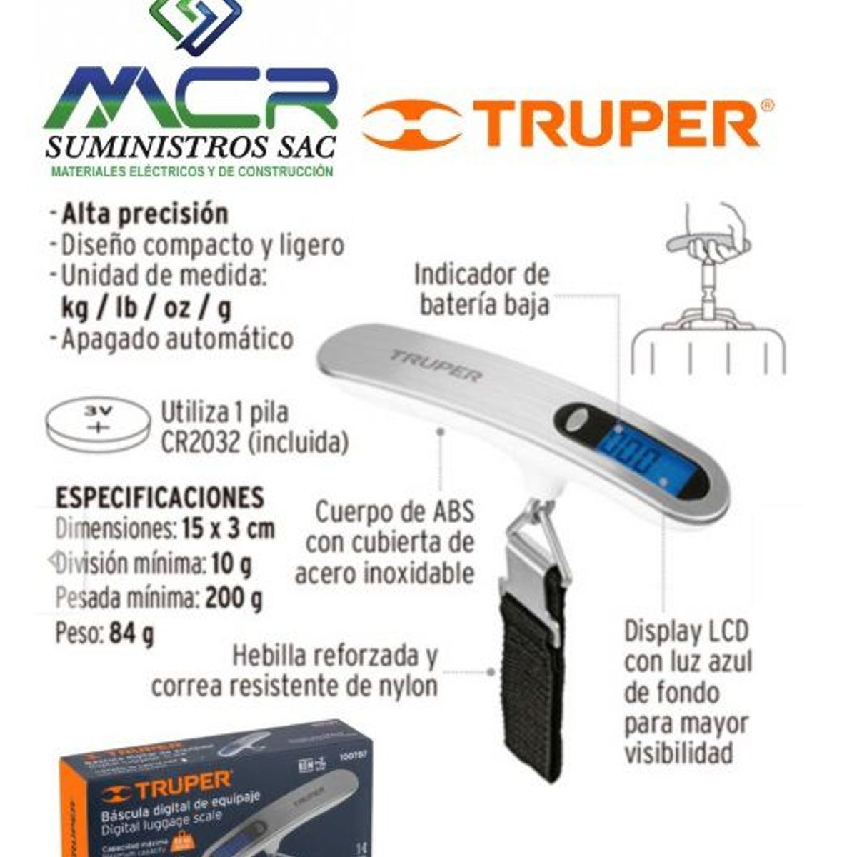 TRUPER - Balanza De Mano Digital Lcd 50kg Bascula Profesional Maletas 100787