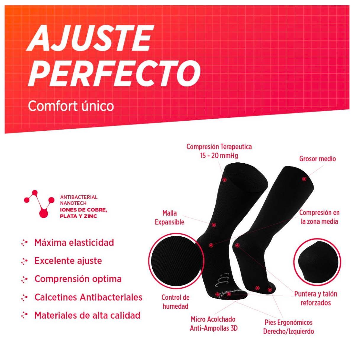 SILVERA NANOTECH - 2 Pares Medias compresión varices 15-20 mmHg viaje embarazo fascitis