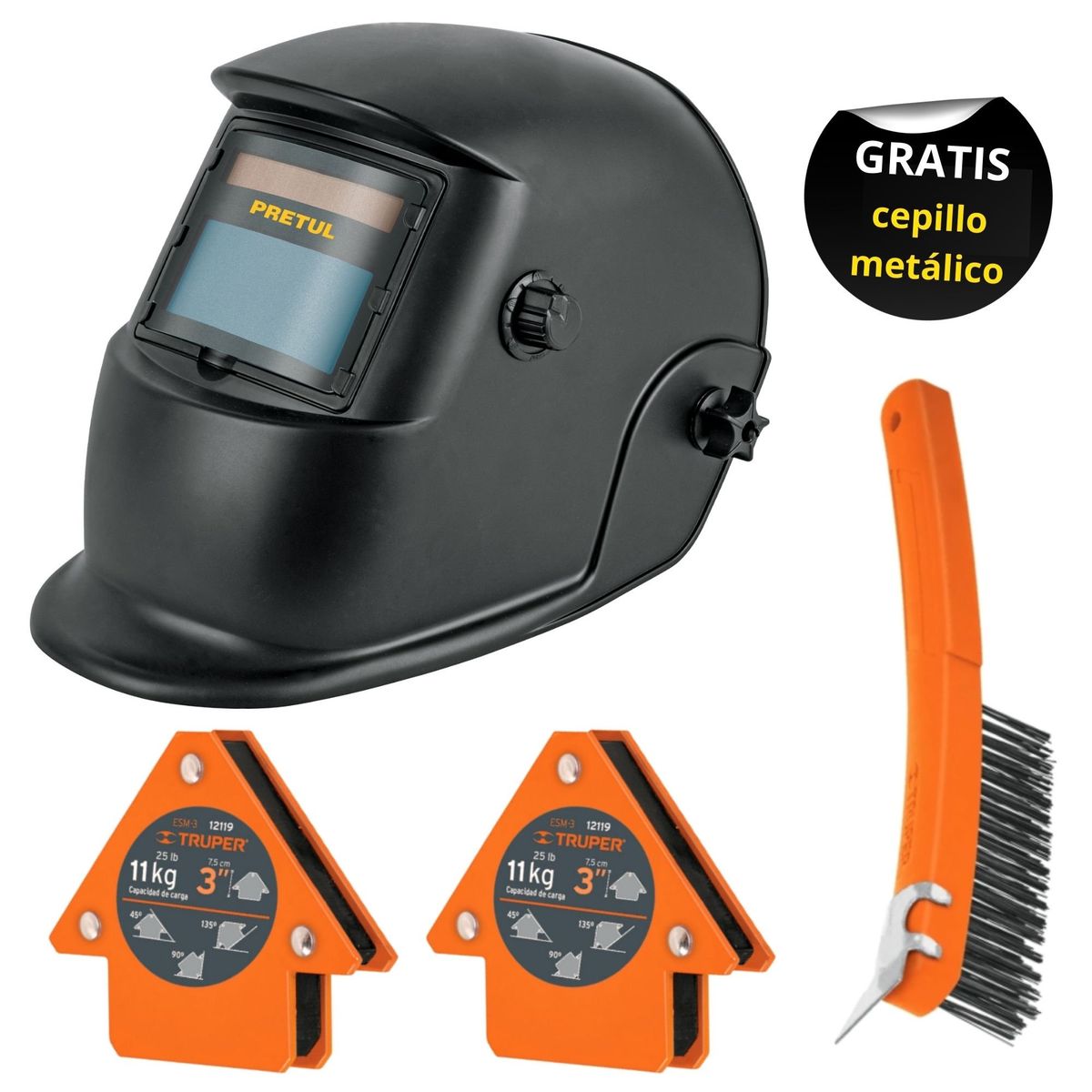 PRETUL - Combo Mascara de soldar fotosensible 2 escuadras magnéticas 11kg, cepillo metal