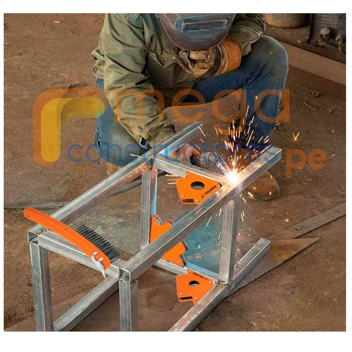 PRETUL - Combo Mascara de soldar fotosensible 2 escuadras magnéticas 11kg, cepillo metal