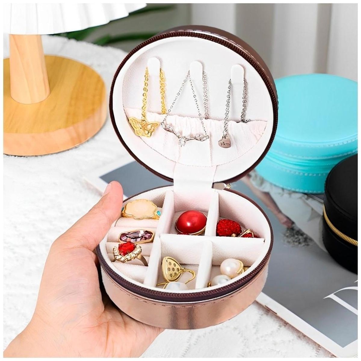 MINARI - Joyero Organizador de Joyas Anillos Estuche de Viaje Circular GD J134