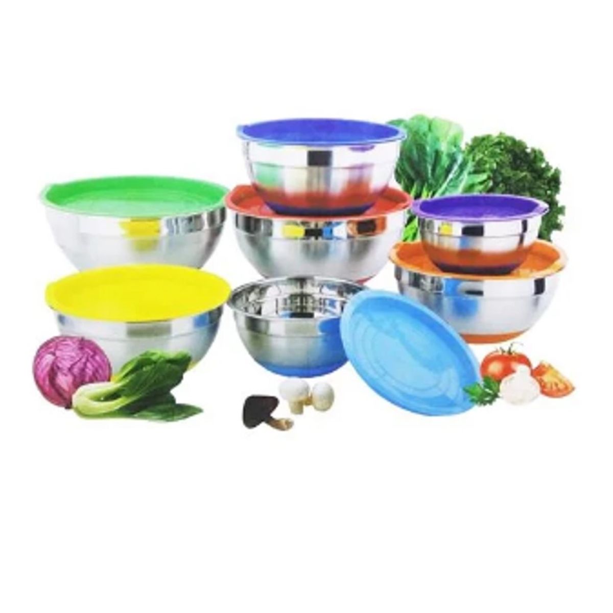 GENERICO - Set de Bowl 7 Piezas de Acero Inoxidable con Tapas de Colores