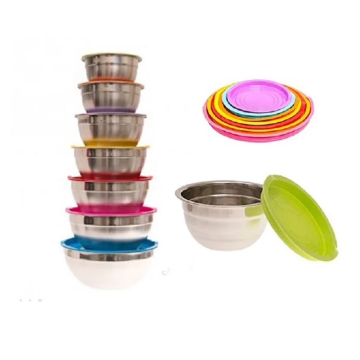 GENERICO - Set de Bowl 7 Piezas de Acero Inoxidable con Tapas de Colores