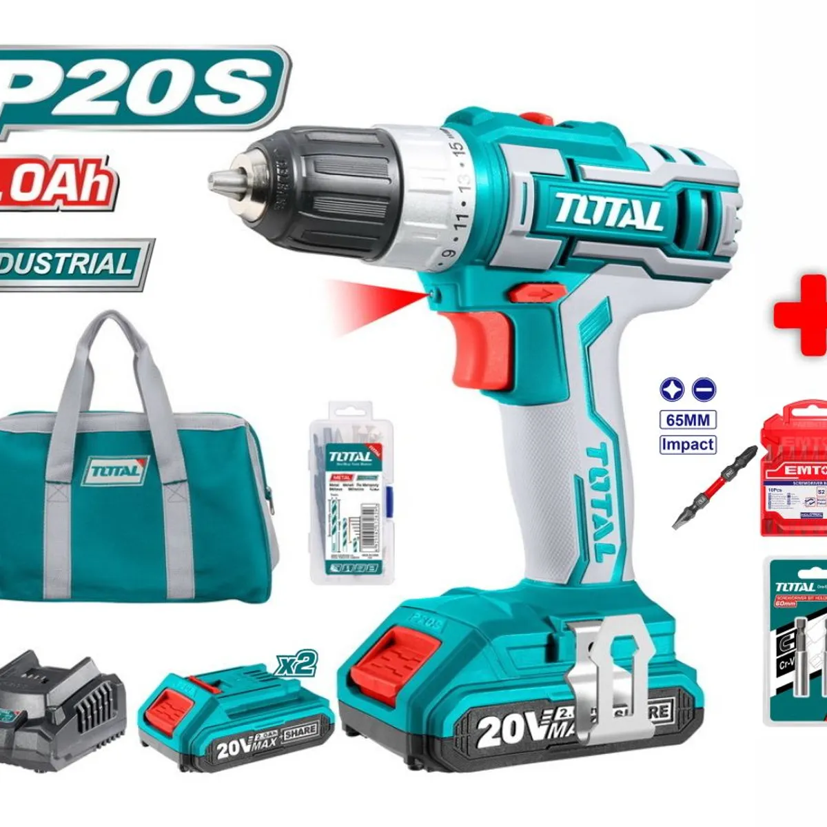 TOTAL TOOLS - Taladro Atornillador Inalámbrico 20v Total TDLI2002PunterasExtensión