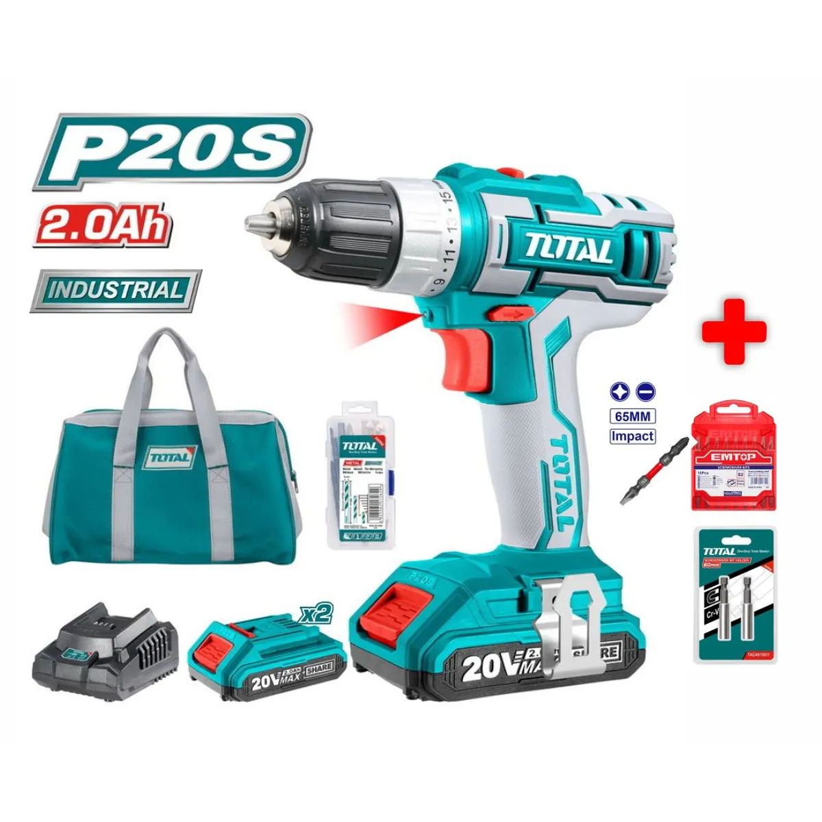 TOTAL TOOLS - Taladro Atornillador Inalámbrico 20v Total TDLI2002PunterasExtensión