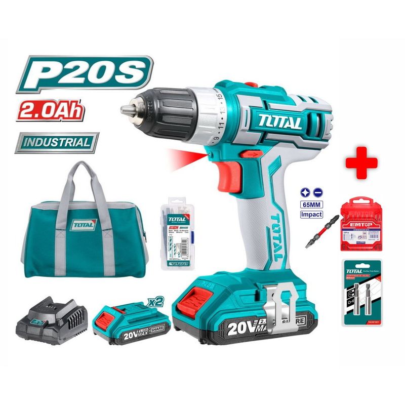 TOTAL TOOLS - Taladro Atornillador Inalámbrico 20v Total TDLI2002PunterasExtensión.