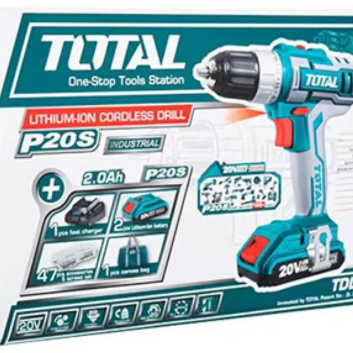 TOTAL TOOLS - Taladro Atornillador Inalámbrico 20v Total TDLI2002PunterasExtensión