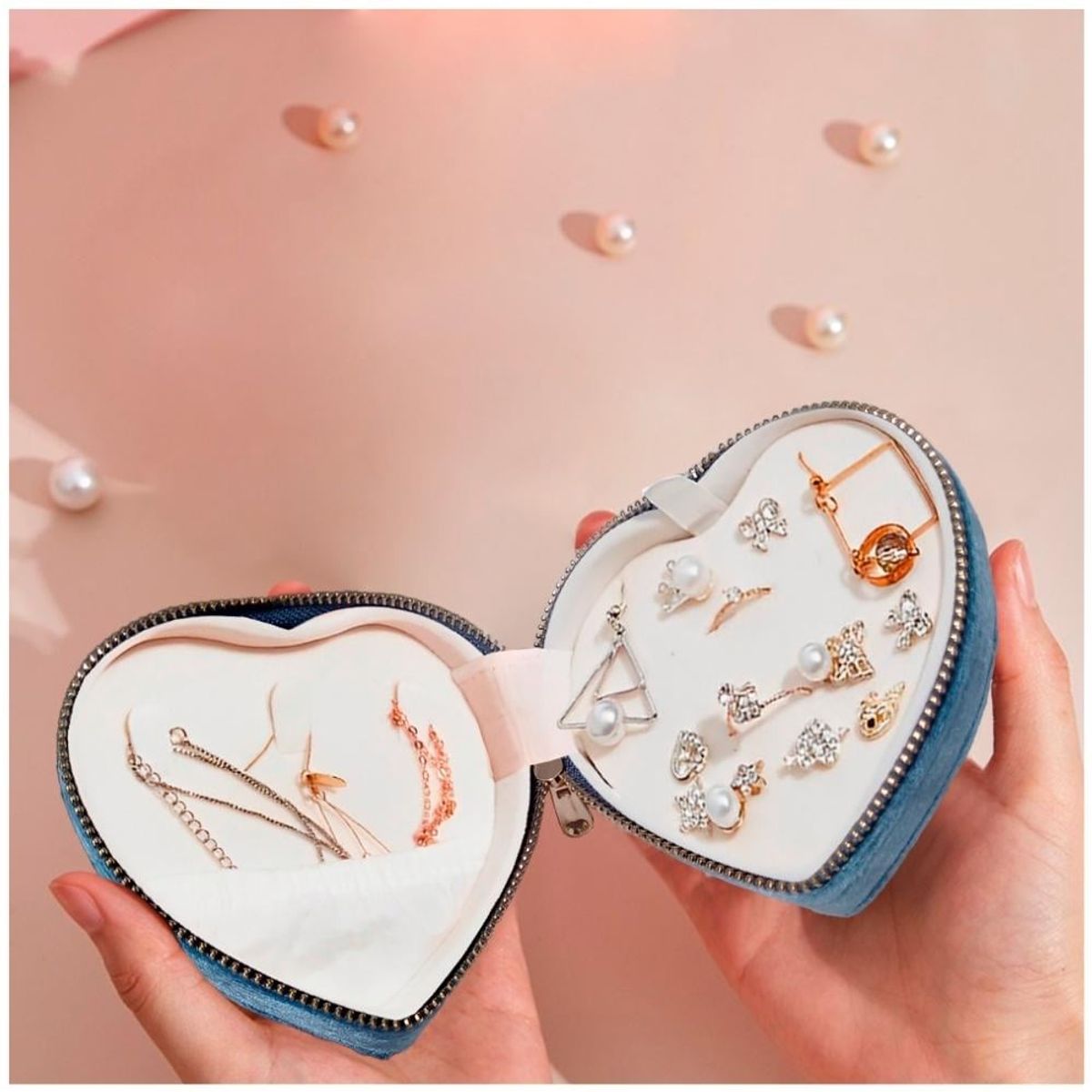 MINARI - Joyero Organizador Joyas Anillos Portátil Terciopelo Corazón AZ C137