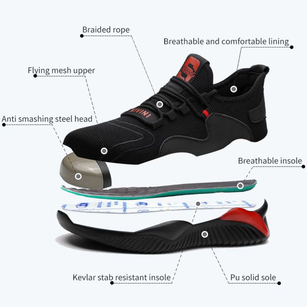 BLWOENS - Zapatos de seguridad transpirables a prueba de golpes - negro y gris