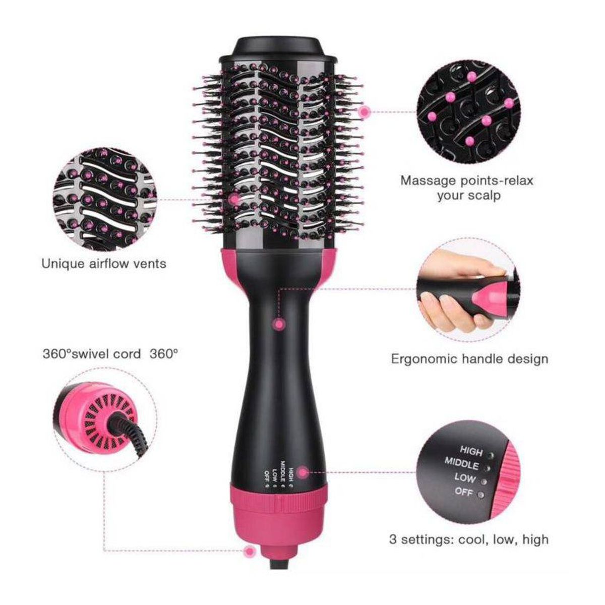 GENERICO - Secador de cabello cepillo peine alisador