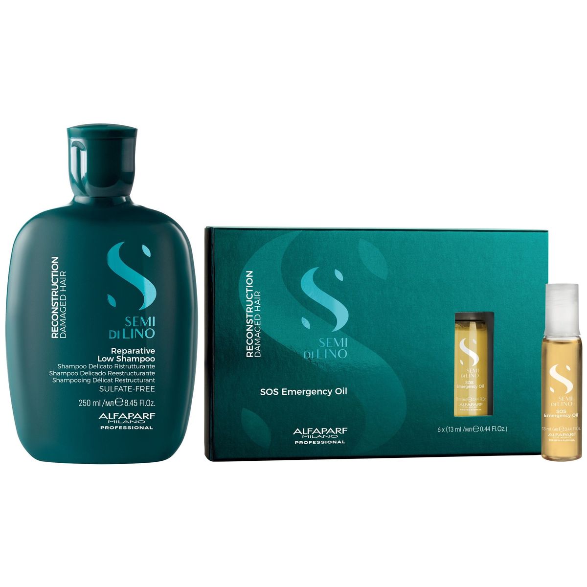 ALFAPARF MILANO - Shampoo Reparador Sin Sal 250ml + Ampollas SOS Alfaparf Reconstruction