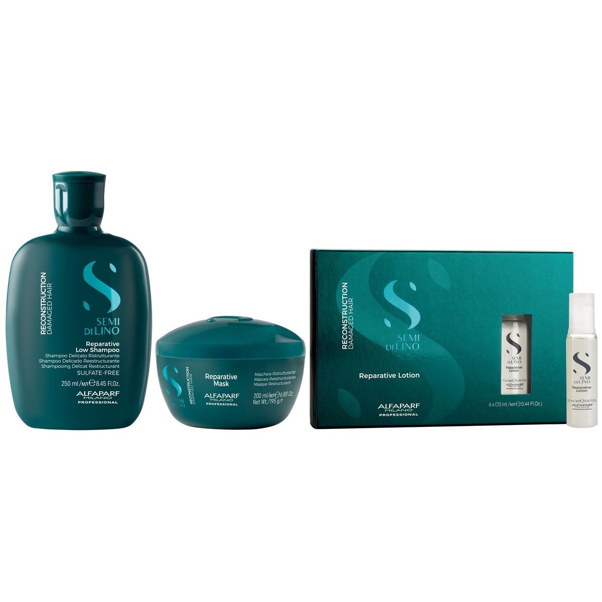 ALFAPARF MILANO - Shampoo Sin Sal 250ml + Mascarilla + Ampollas Alfaparf Reconstruction