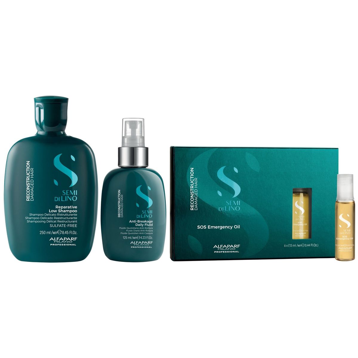 ALFAPARF MILANO - Shampoo Sin Sal 250ml + Spray + Ampollas SOS Alfaparf Reconstruction