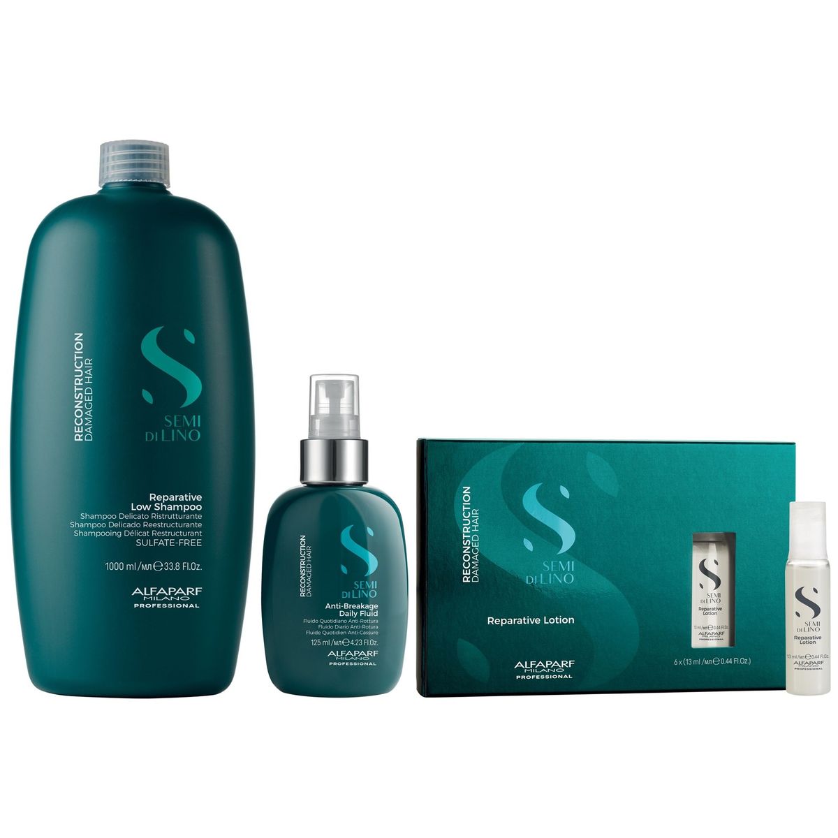 ALFAPARF MILANO - Shampoo Sin Sal 1000ml + Spray+ Ampolla Lotion Alfaparf Reconstruction