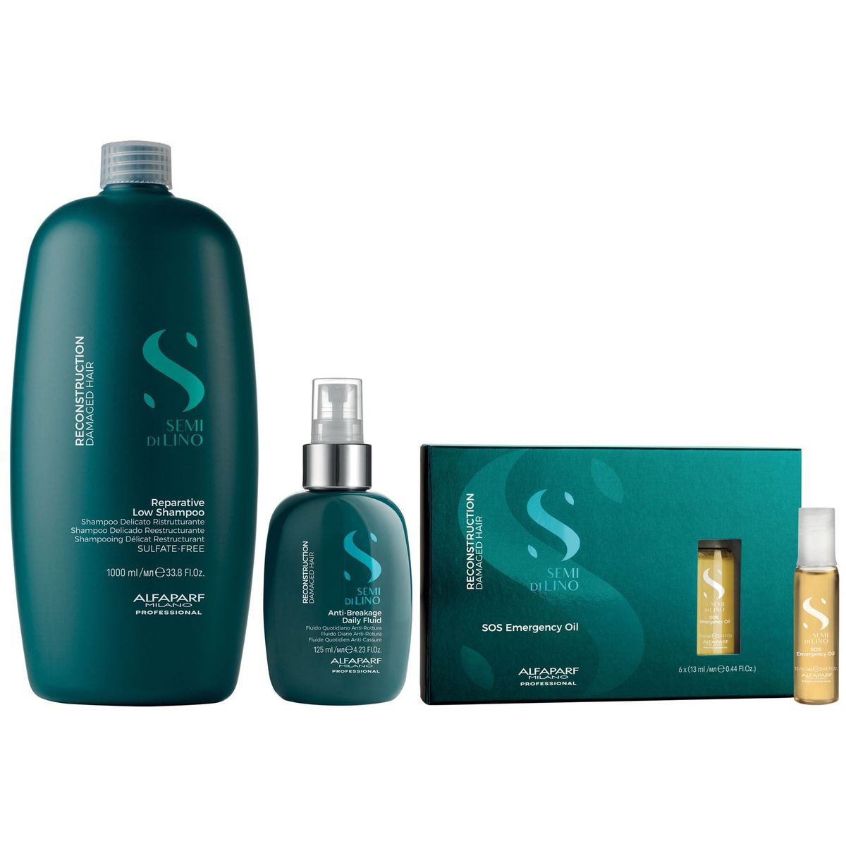 ALFAPARF MILANO - Shampoo Sin Sal 1000ml + Spray + Ampollas SOS Alfaparf Reconstruction